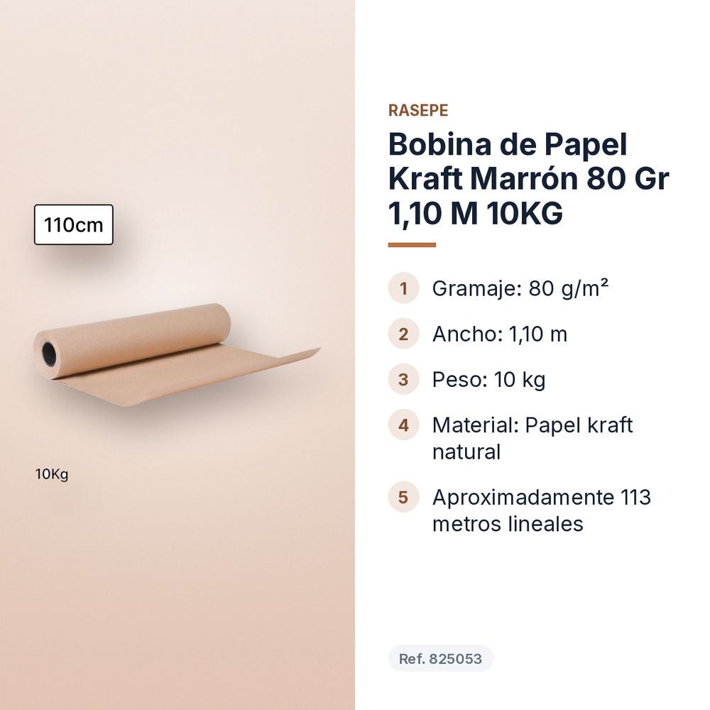 BOBINA DE PAPEL KRAFT MARRÓN 80 GR 1,10 M 10KG  - características principales