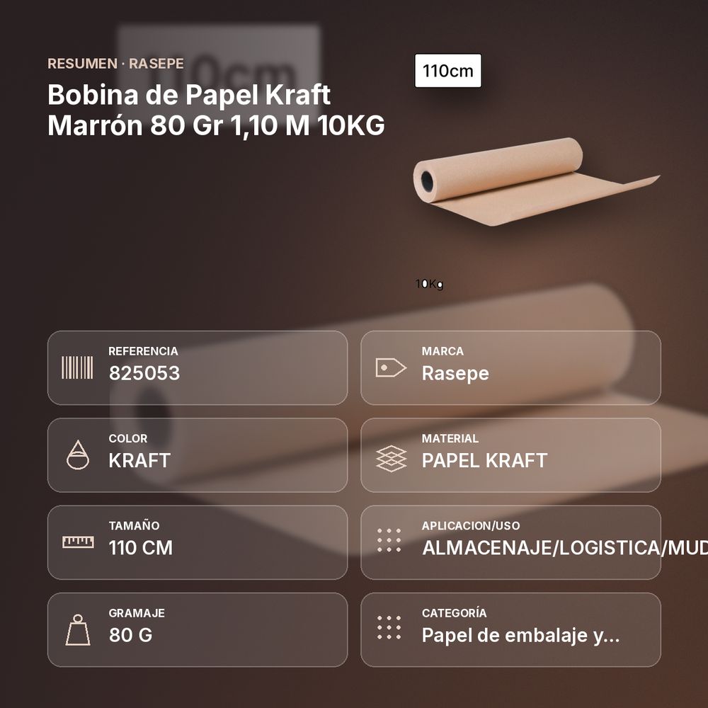 BOBINA DE PAPEL KRAFT MARRÓN 80 GR 1,10 M 10KG  - resumen de atributos