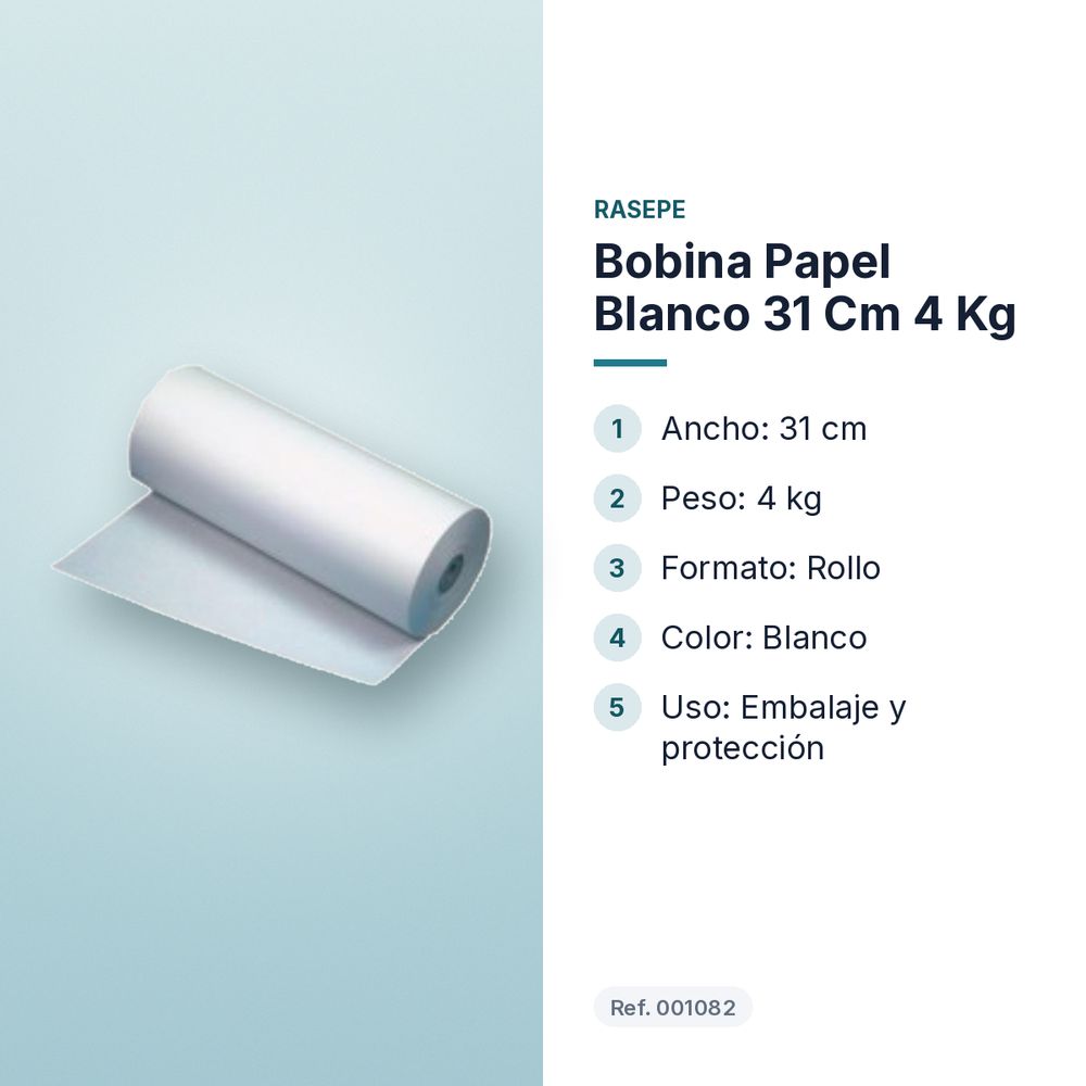 BOBINA PAPEL BLANCO 31 CM  4 KG - características principales
