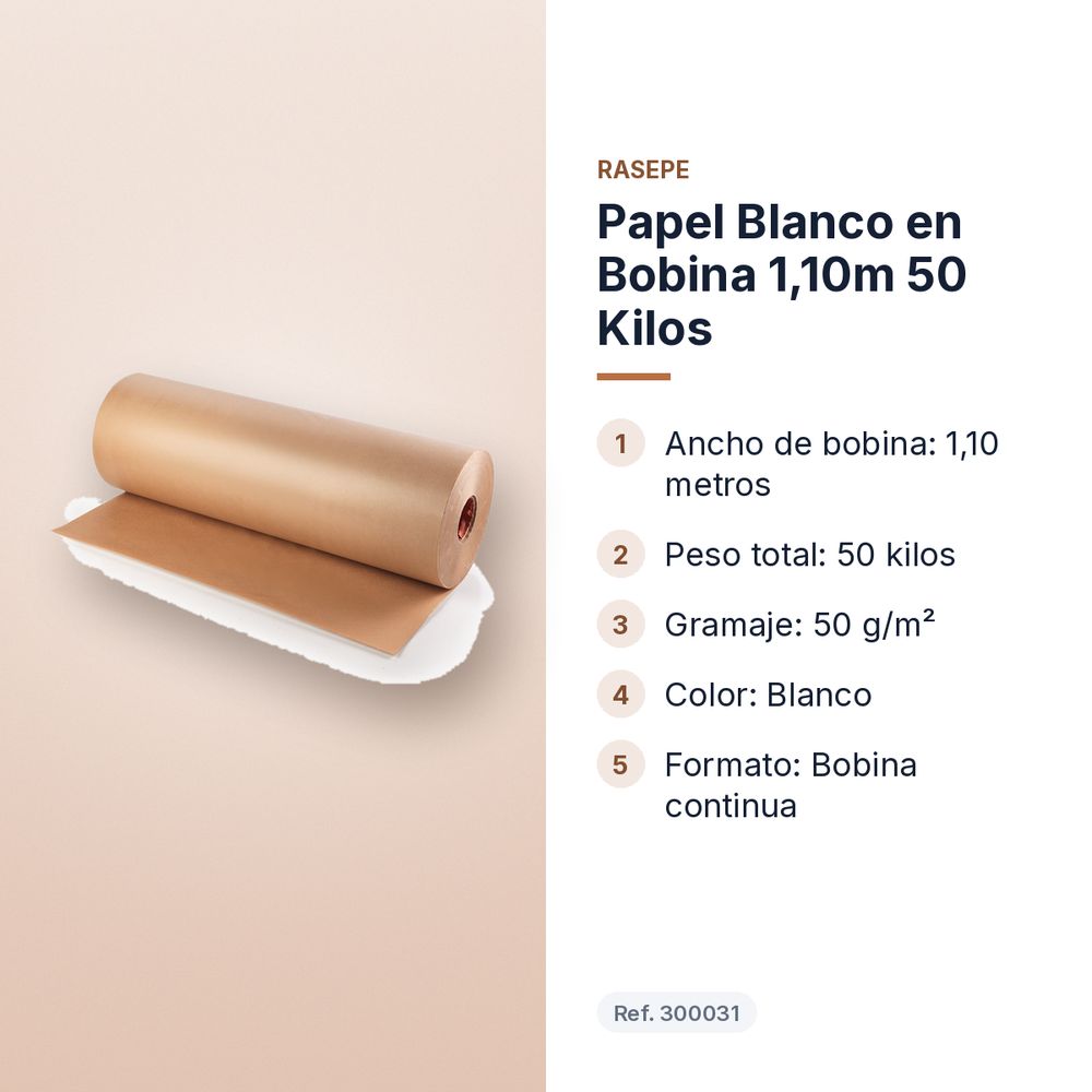 PAPEL BLANCO EN BOBINA 1,10M  50 KILOS - características principales