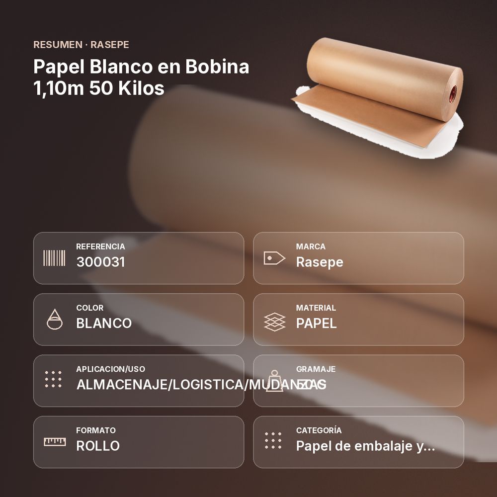 PAPEL BLANCO EN BOBINA 1,10M  50 KILOS - resumen de atributos
