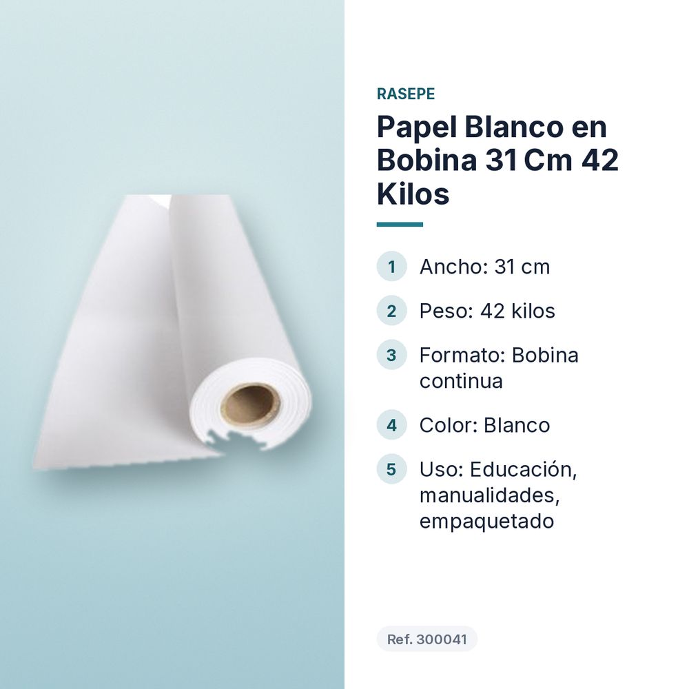 PAPEL BLANCO EN BOBINA 31 CM 42 KILOS - características principales