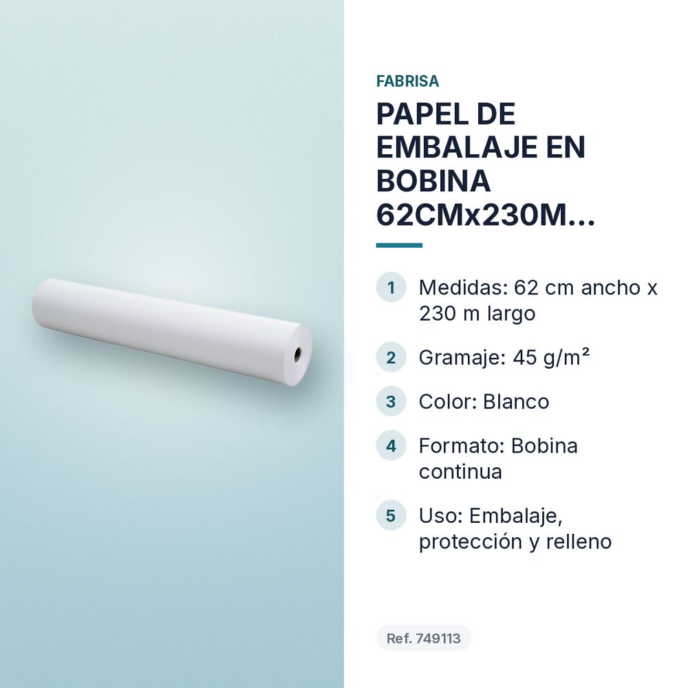 PAPEL DE EMBALAJE EN BOBINA 62CMx230M BLANCO 45G - características principales