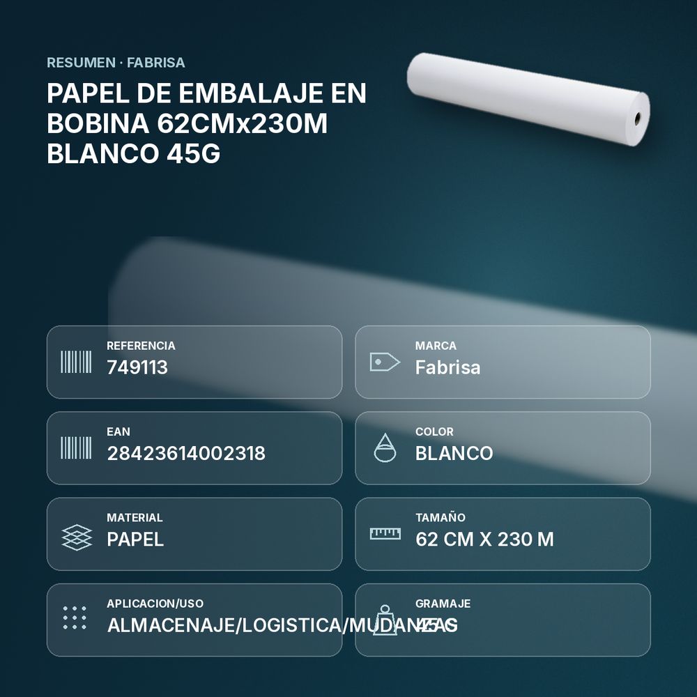 PAPEL DE EMBALAJE EN BOBINA 62CMx230M BLANCO 45G - resumen de atributos