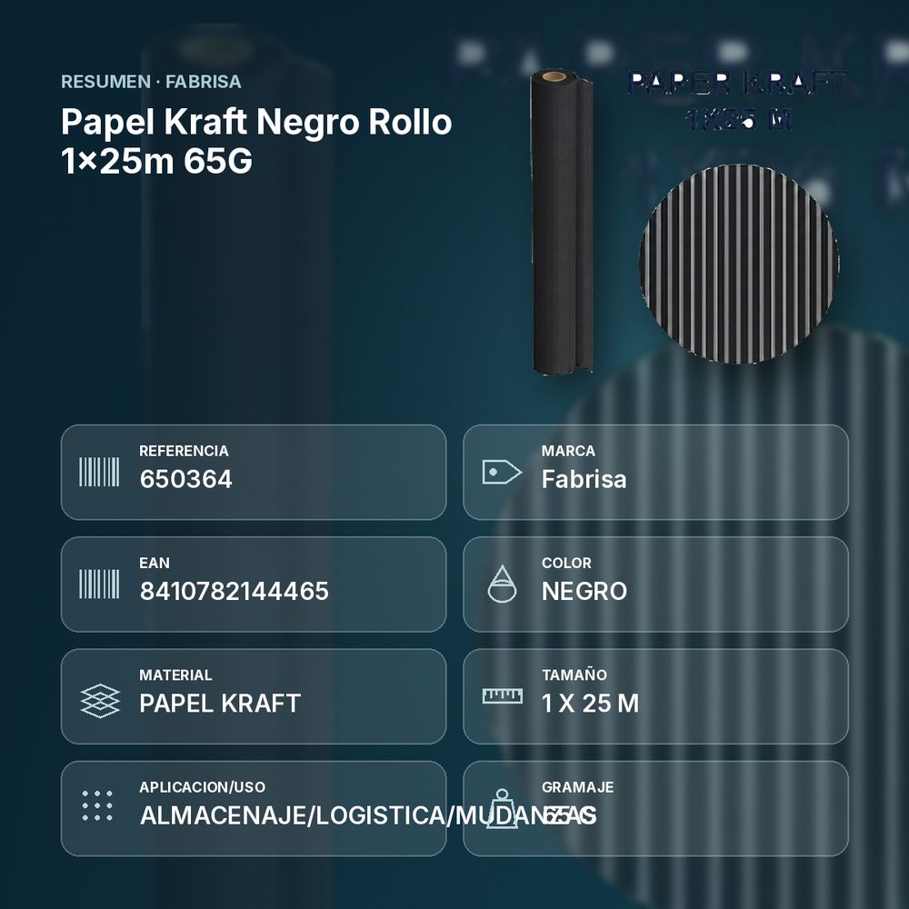 PAPEL KRAFT NEGRO ROLLO 1×25M 65G - resumen de atributos