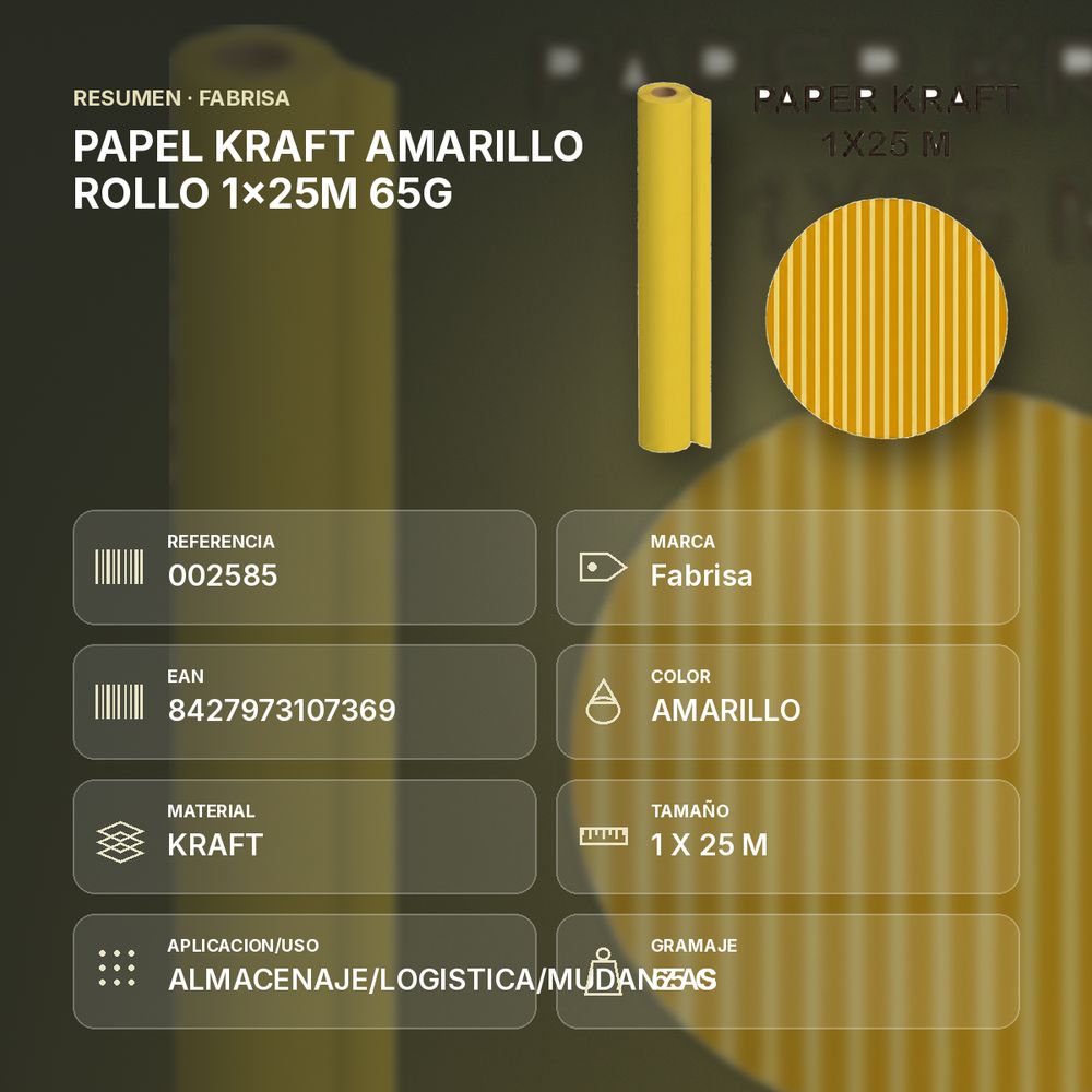 PAPEL KRAFT AMARILLO ROLLO 1x25M 65G - resumen de atributos