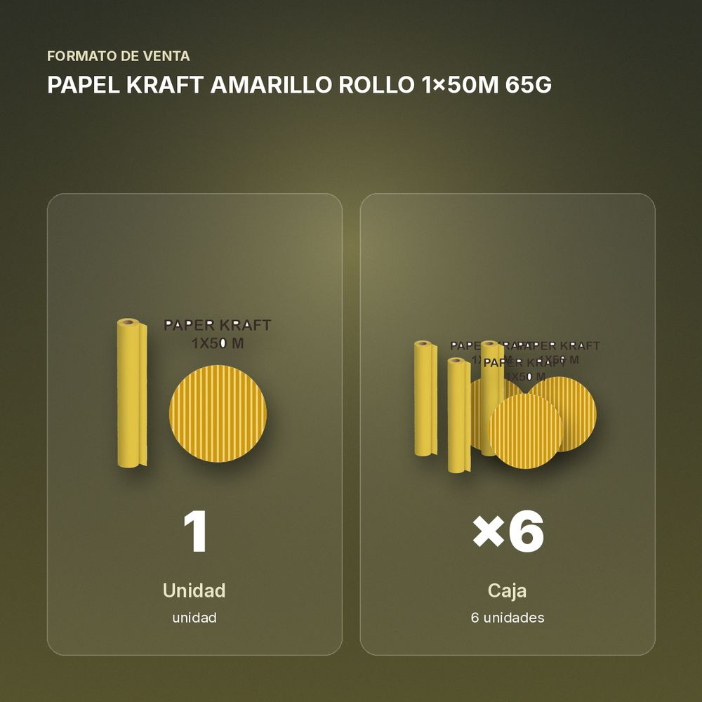PAPEL KRAFT AMARILLO ROLLO 1x50M 65G - formato de venta: caja de 6