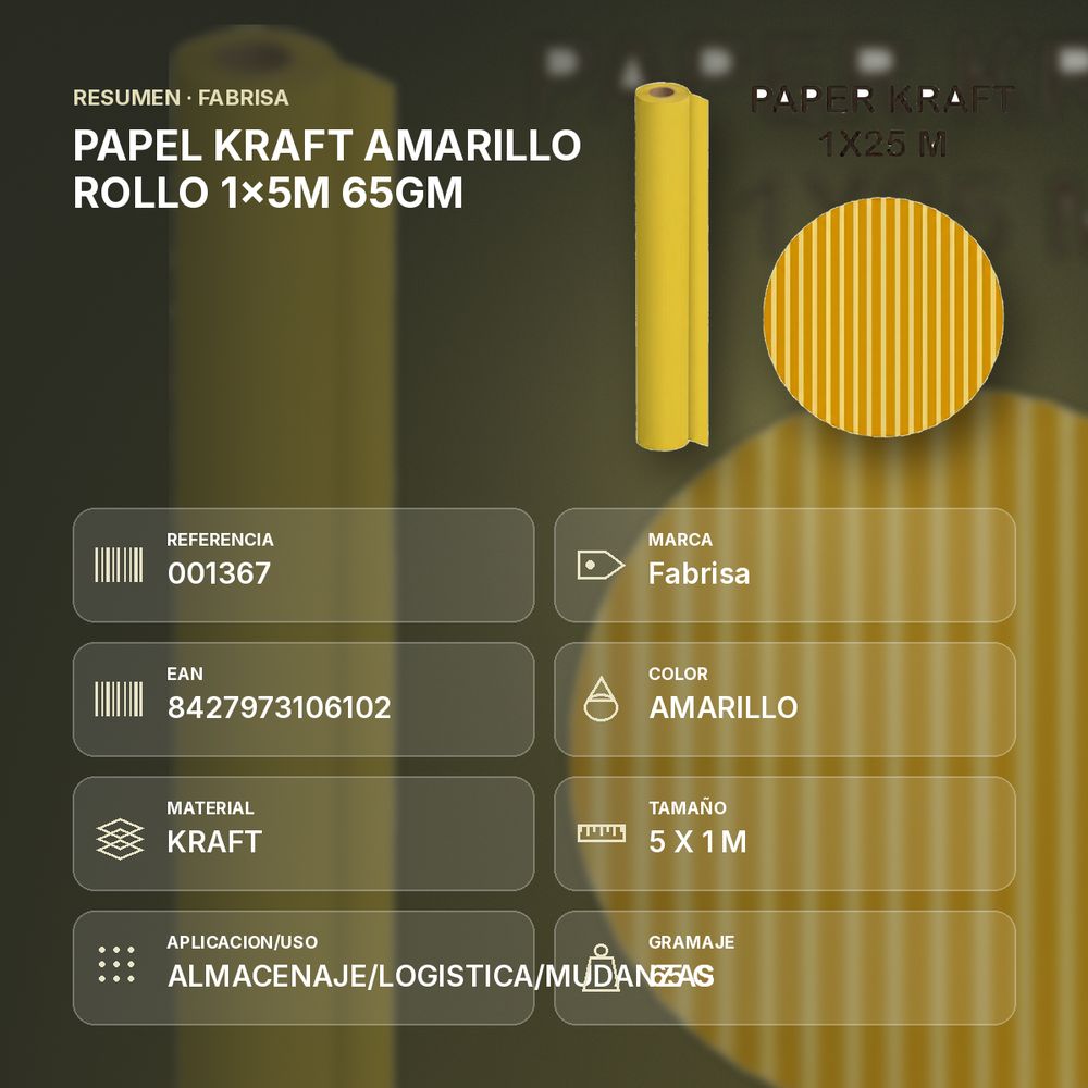 PAPEL KRAFT AMARILLO ROLLO 1x5M 65GM - resumen de atributos