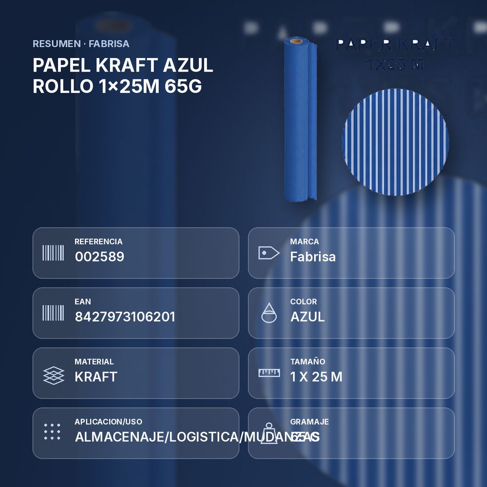 PAPEL KRAFT AZUL ROLLO 1x25M 65G  - resumen de atributos