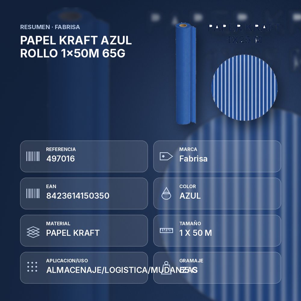 PAPEL KRAFT AZUL ROLLO 1x50M 65G - resumen de atributos