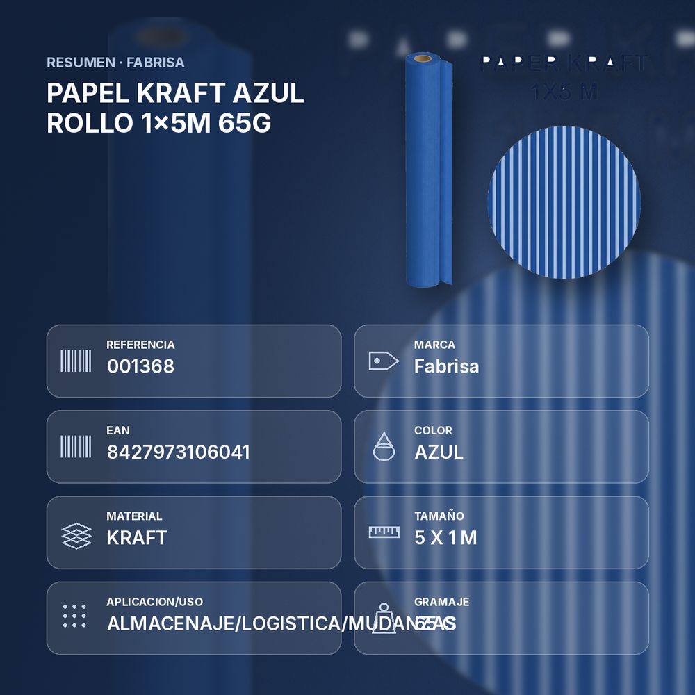 PAPEL KRAFT AZUL ROLLO 1x5M 65G - resumen de atributos