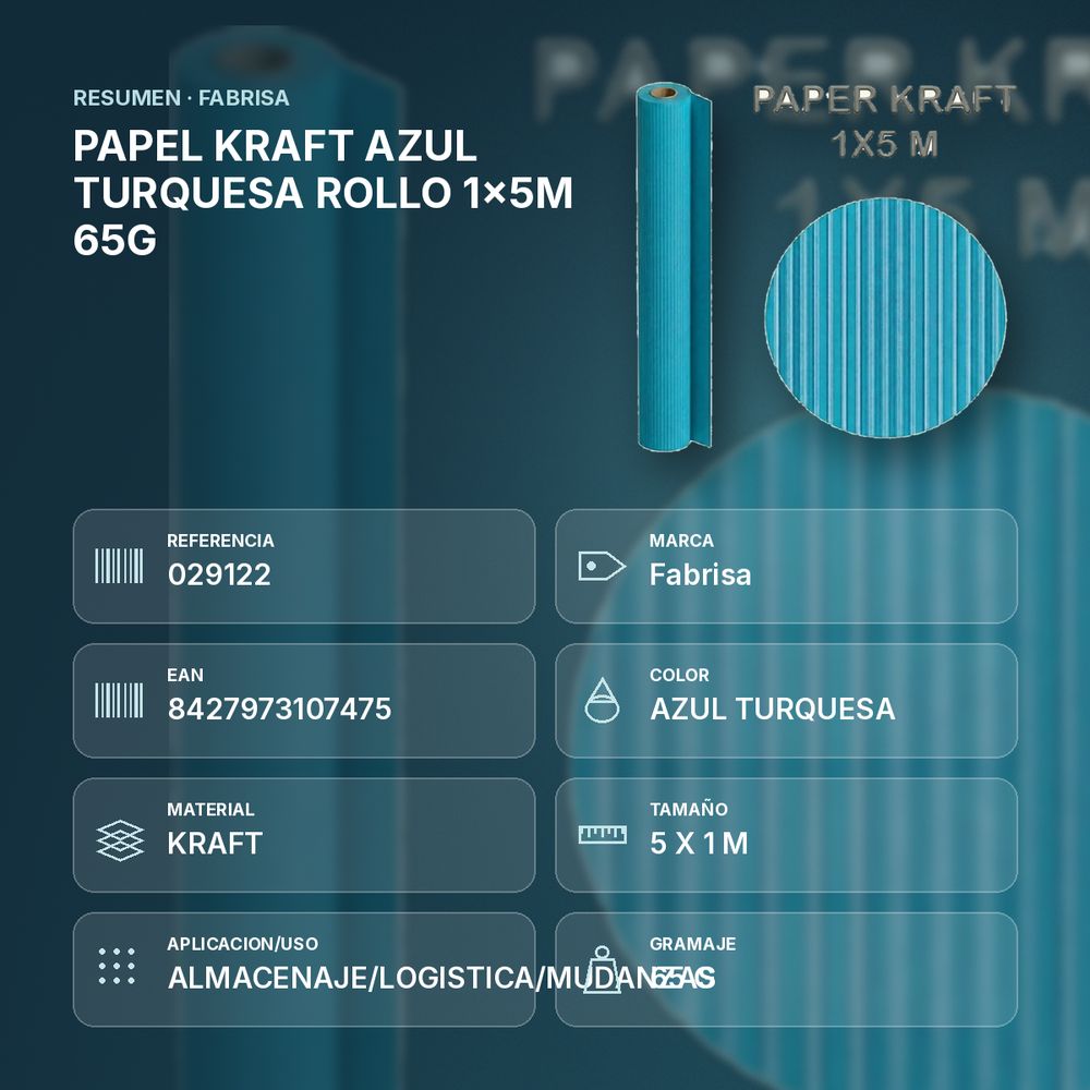 PAPEL KRAFT AZUL TURQUESA ROLLO 1x5M 65G - resumen de atributos
