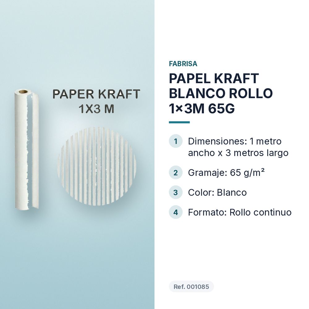 PAPEL KRAFT BLANCO ROLLO  1x3M 65G - características principales