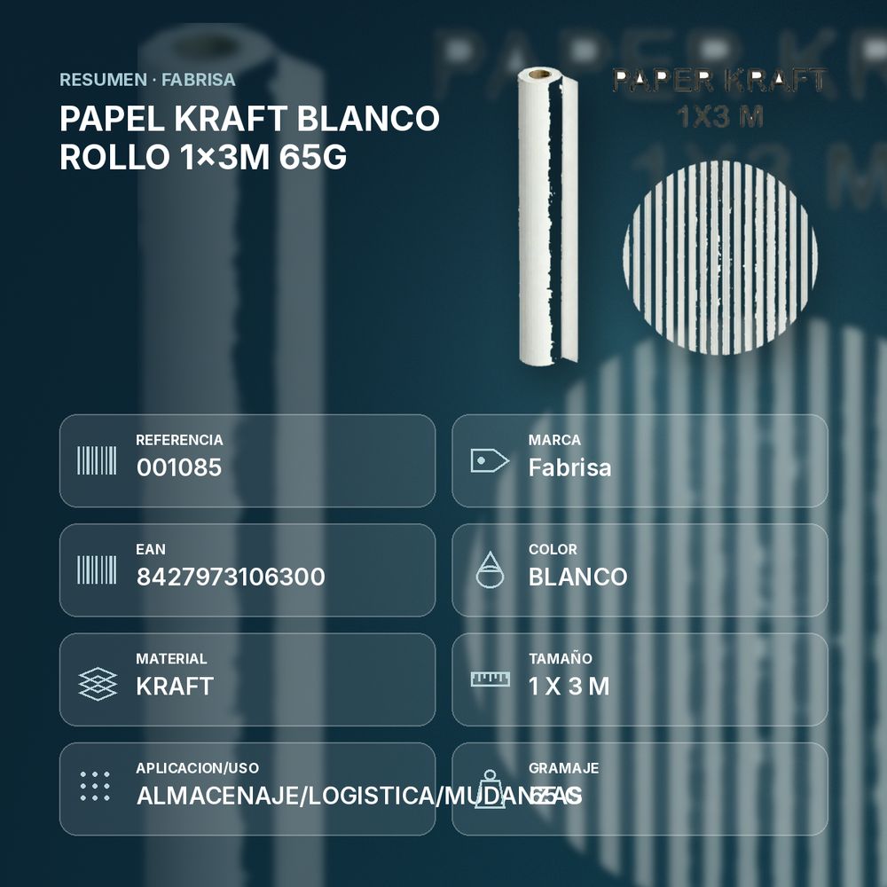 PAPEL KRAFT BLANCO ROLLO  1x3M 65G - resumen de atributos