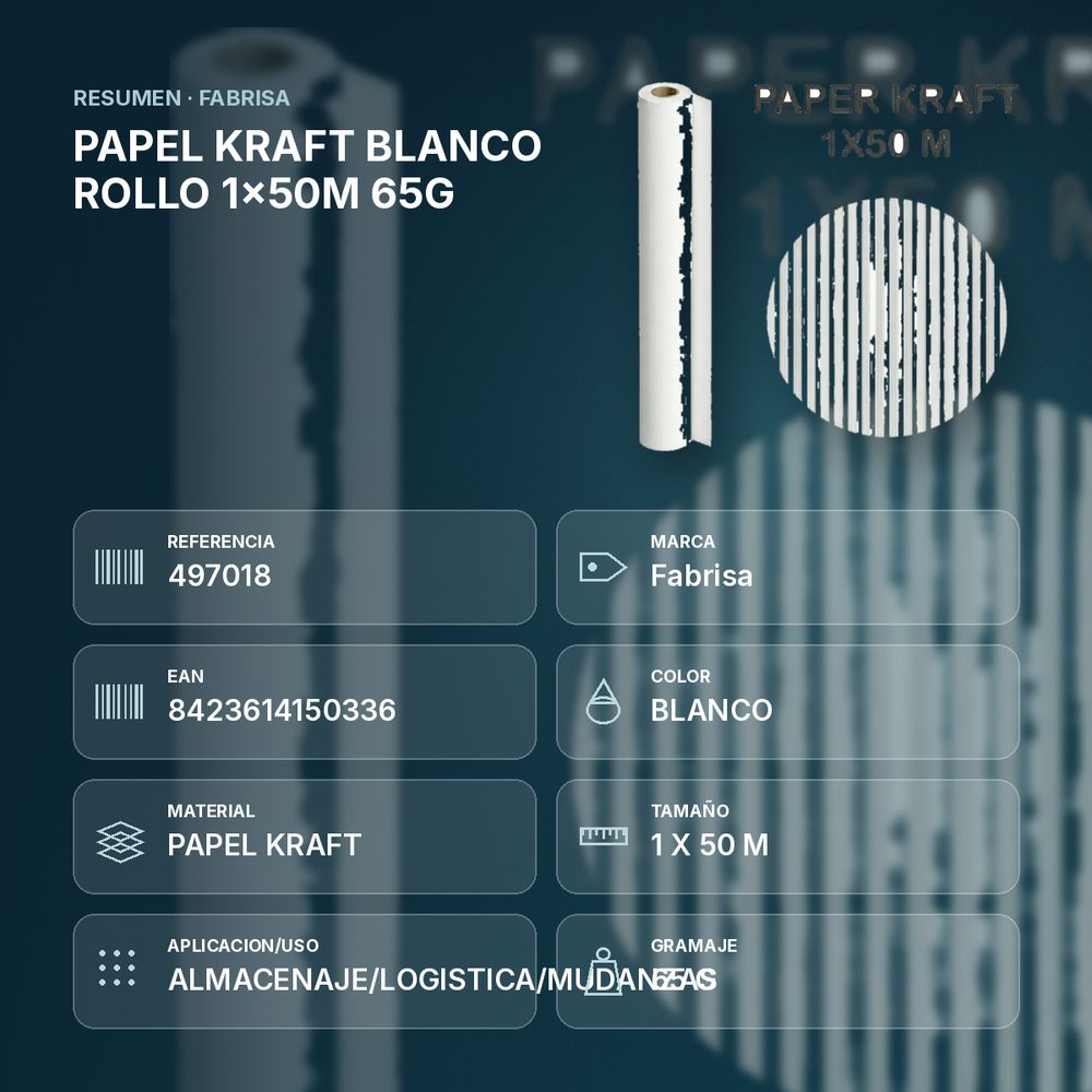 PAPEL KRAFT BLANCO ROLLO 1x50M 65G - resumen de atributos