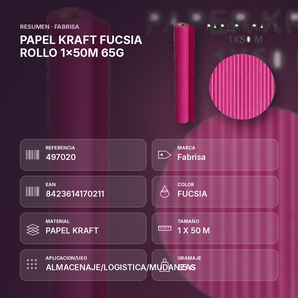 PAPEL KRAFT FUCSIA ROLLO 1x50M 65G - resumen de atributos