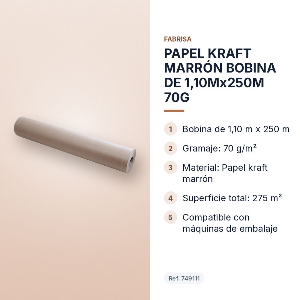 PAPEL KRAFT MARRÓN BOBINA DE 1,10Mx250M 70G - características principales
