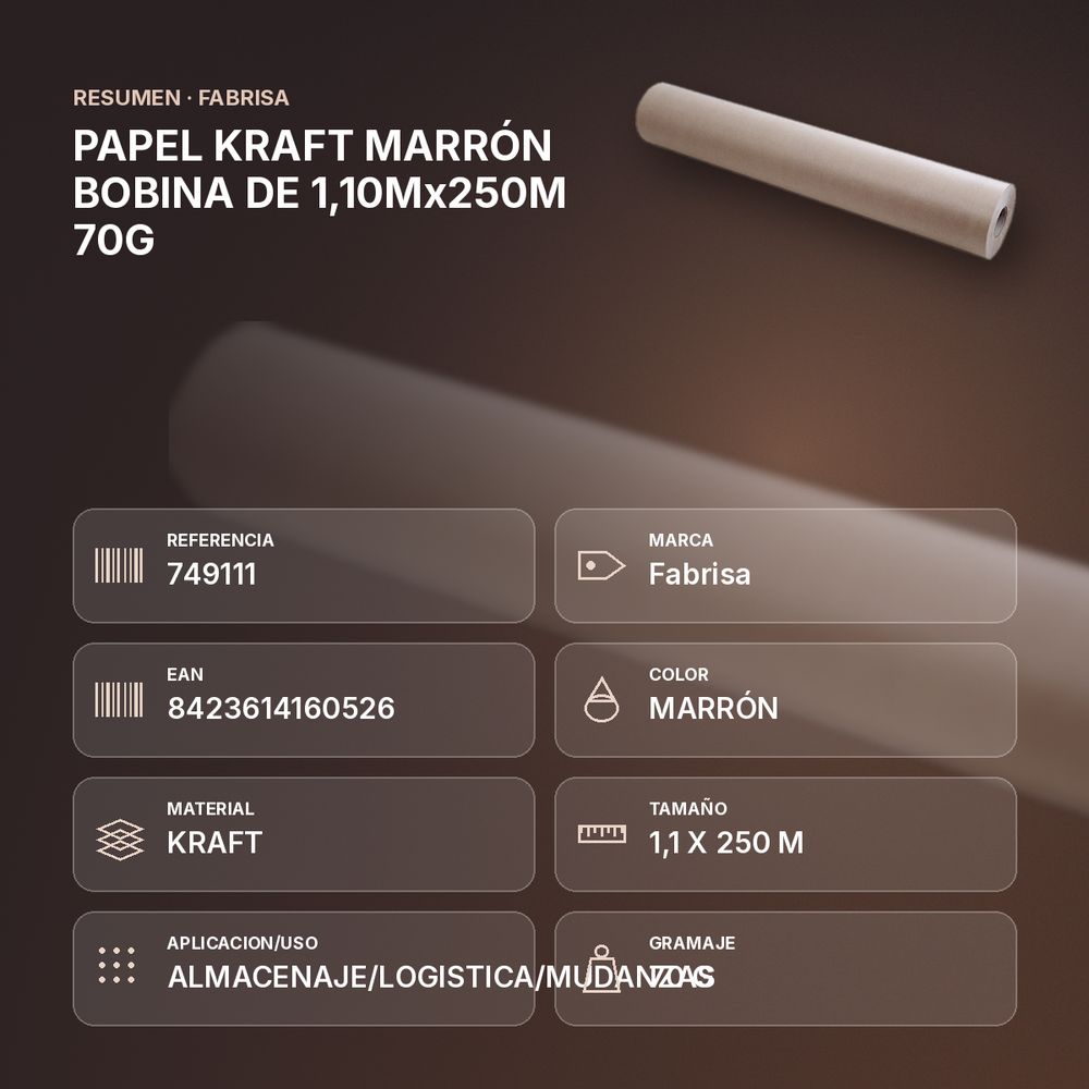 PAPEL KRAFT MARRÓN BOBINA DE 1,10Mx250M 70G - resumen de atributos