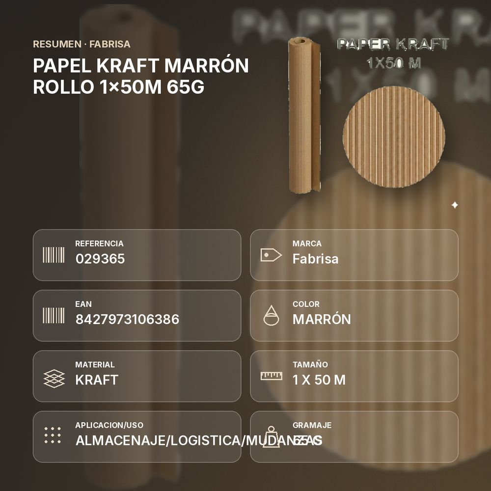 PAPEL KRAFT MARRÓN ROLLO 1x50M 65G - resumen de atributos