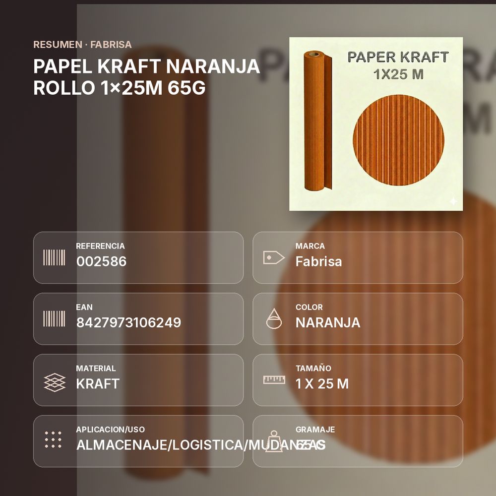 PAPEL KRAFT NARANJA ROLLO 1x25M 65G - resumen de atributos