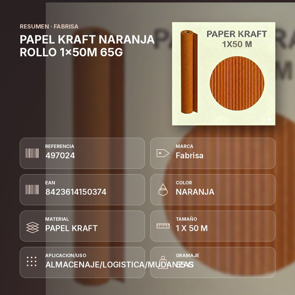 PAPEL KRAFT NARANJA ROLLO 1x50M 65G - resumen de atributos