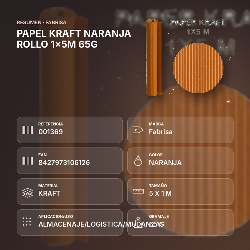 PAPEL KRAFT NARANJA ROLLO 1x5M 65G - resumen de atributos