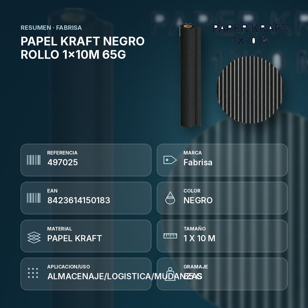 PAPEL KRAFT NEGRO ROLLO 1x10M 65G - resumen de atributos