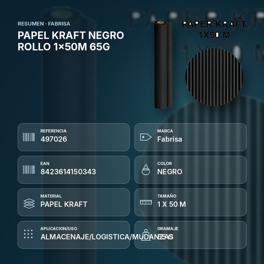 PAPEL KRAFT NEGRO ROLLO 1x50M 65G - resumen de atributos