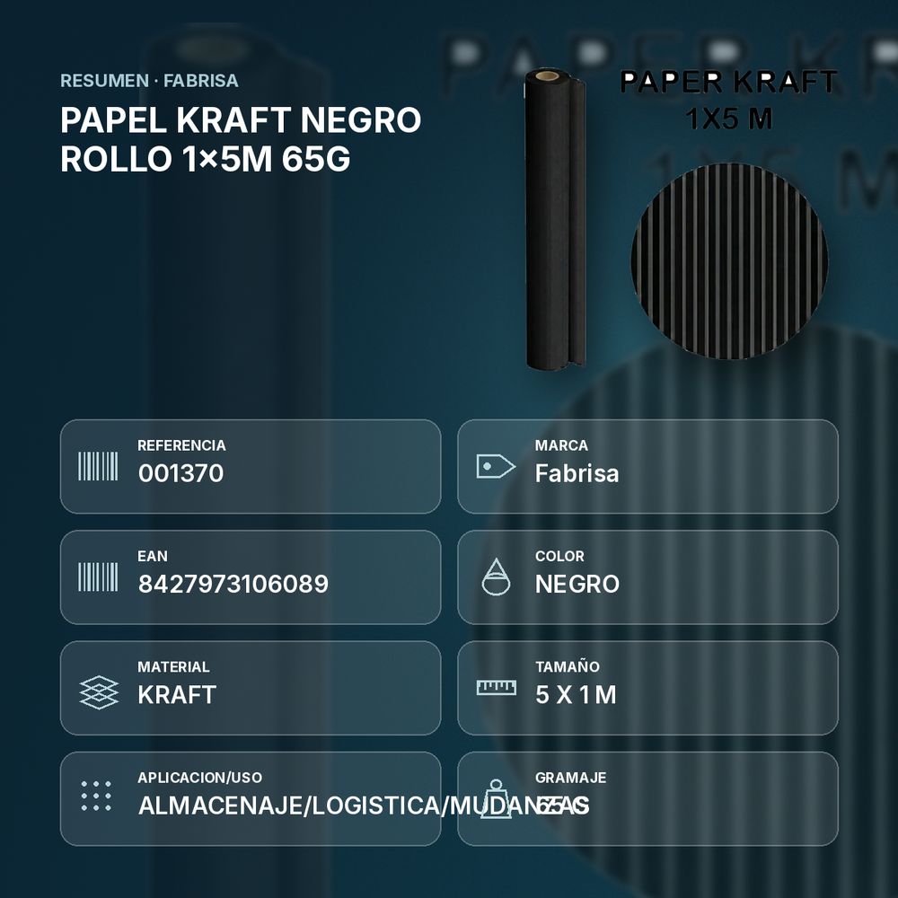 PAPEL KRAFT NEGRO ROLLO 1x5M 65G - resumen de atributos