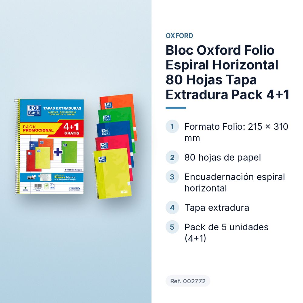 BLOC OXFORD FOLIO ESPIRAL HORIZONTAL 80 HOJAS TAPA EXTRADURA PACK 4+1 - características principales