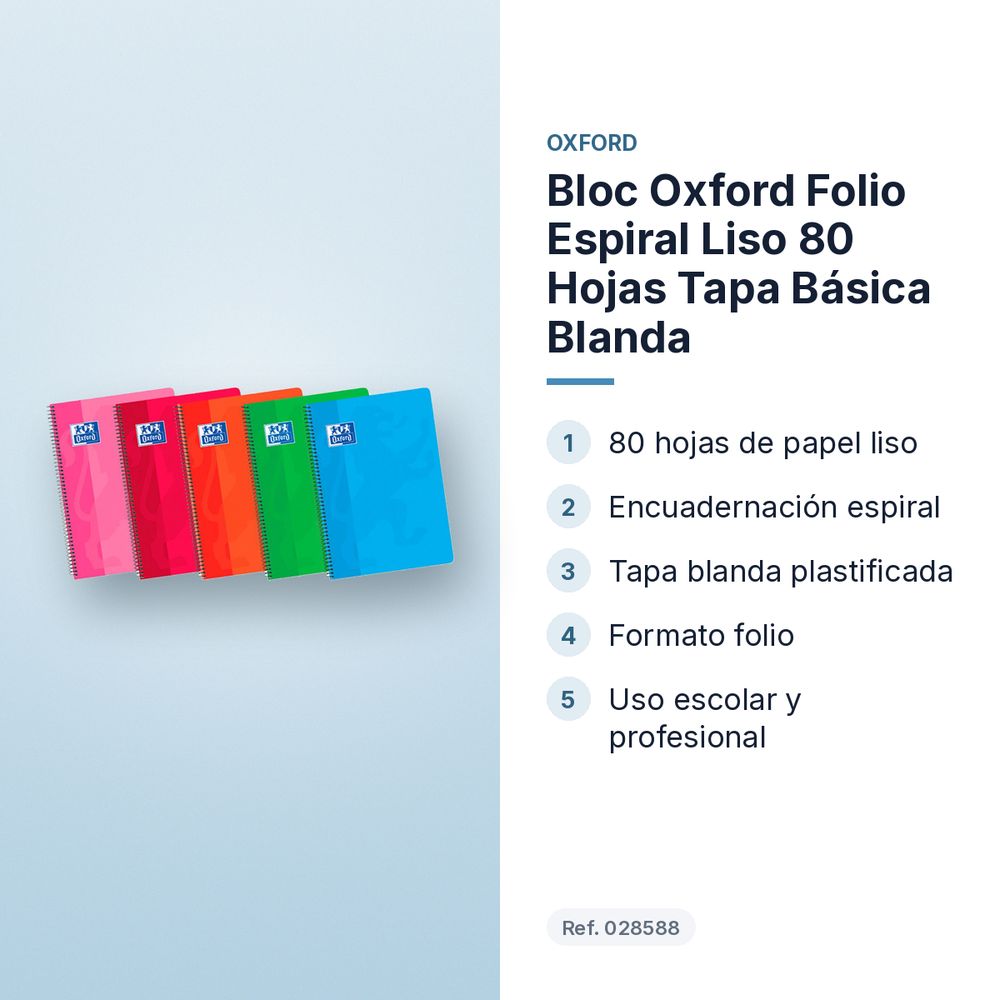 BLOC OXFORD FOLIO ESPIRAL LISO 80 HOJAS TAPA BÁSICA BLANDA  - características principales