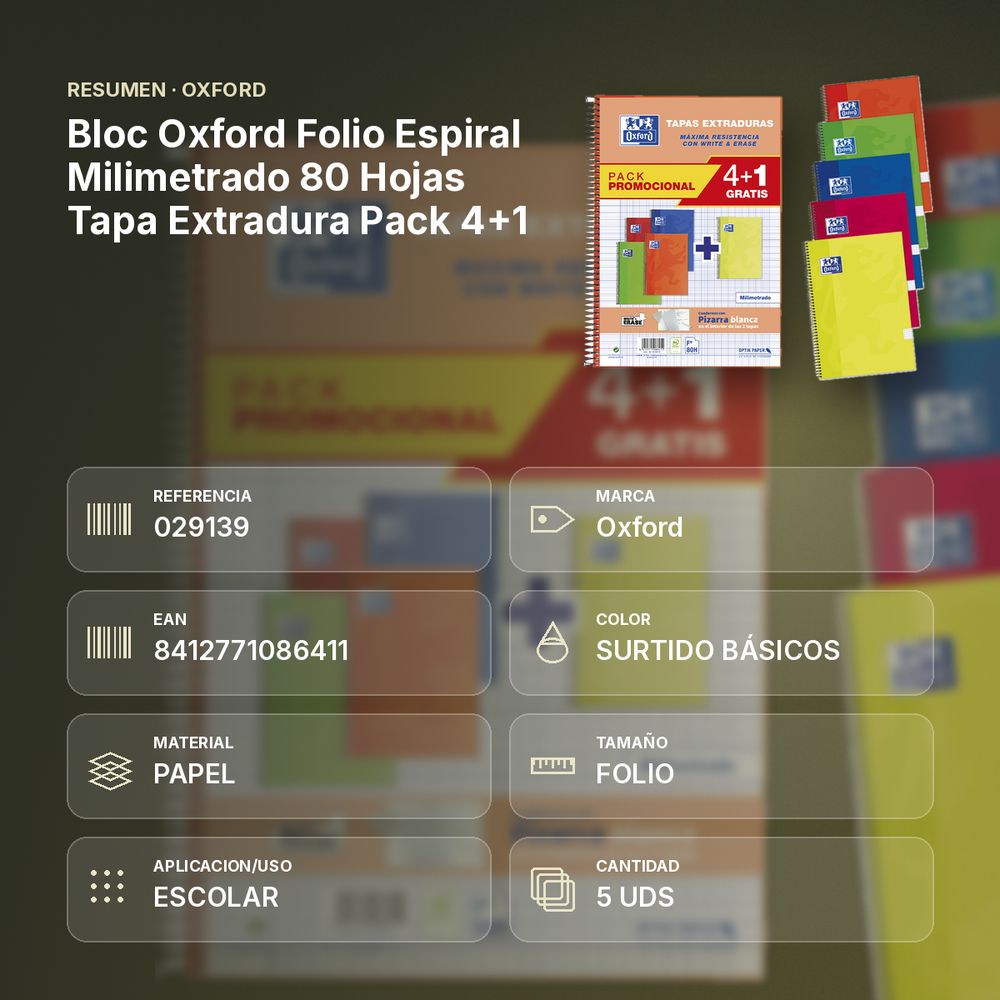 BLOC OXFORD FOLIO ESPIRAL MILIMETRADO 80 HOJAS TAPA EXTRADURA PACK 4+1 - resumen de atributos