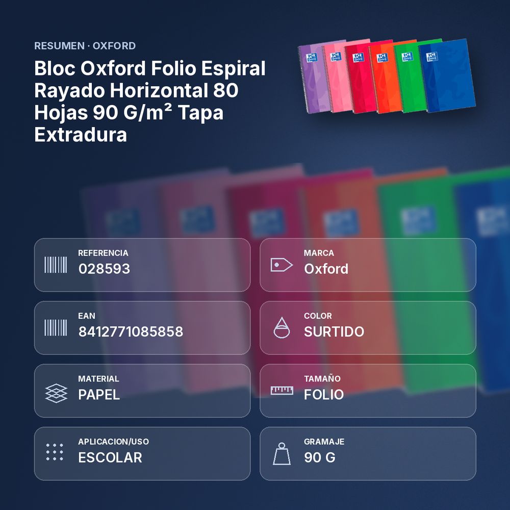 BLOC OXFORD FOLIO ESPIRAL RAYADO HORIZONTAL 80 HOJAS 90 G/M² TAPA EXTRADURA - resumen de atributos