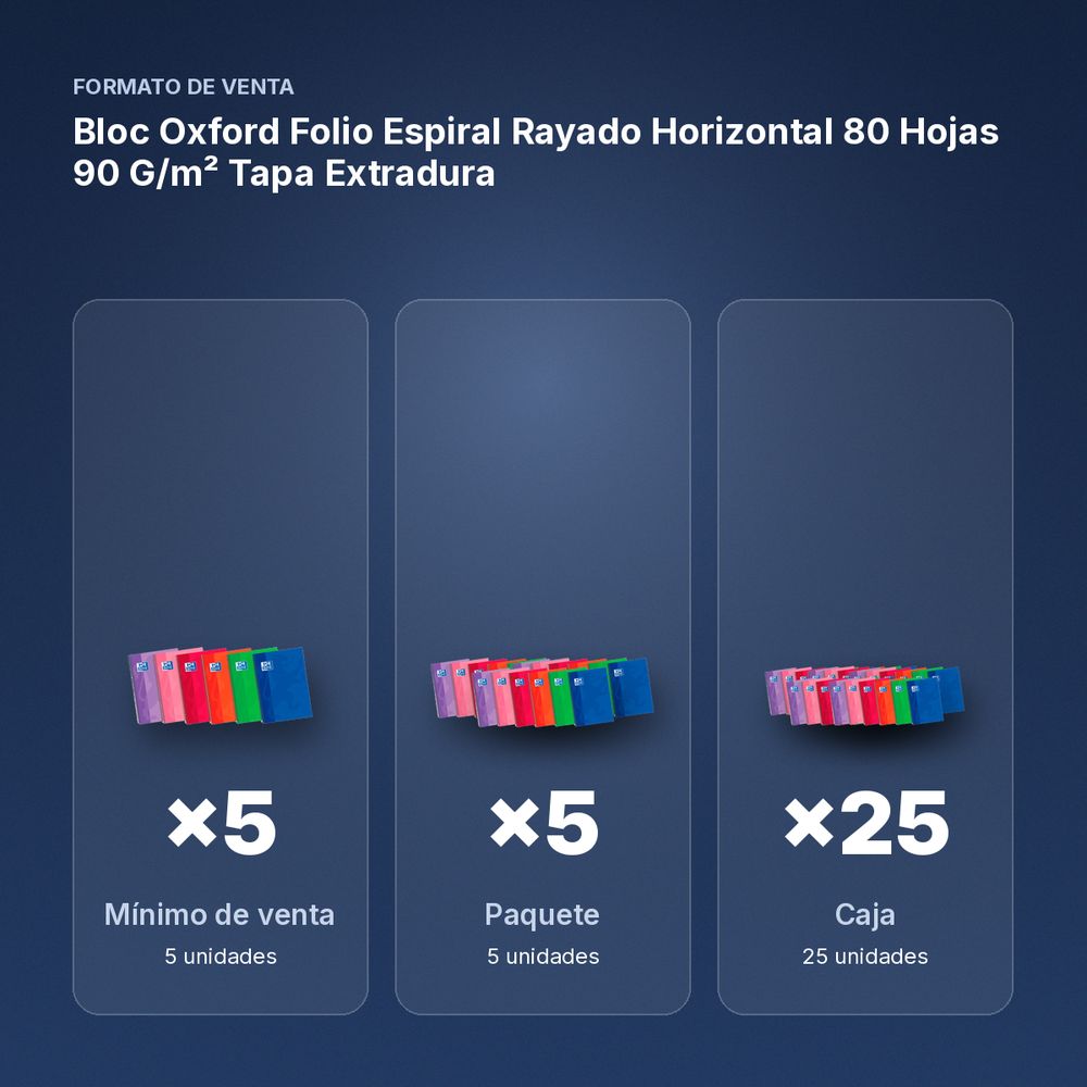 BLOC OXFORD FOLIO ESPIRAL RAYADO HORIZONTAL 80 HOJAS 90 G/M² TAPA EXTRADURA - formato de venta: paquete de 5, caja de 25, palé de 750