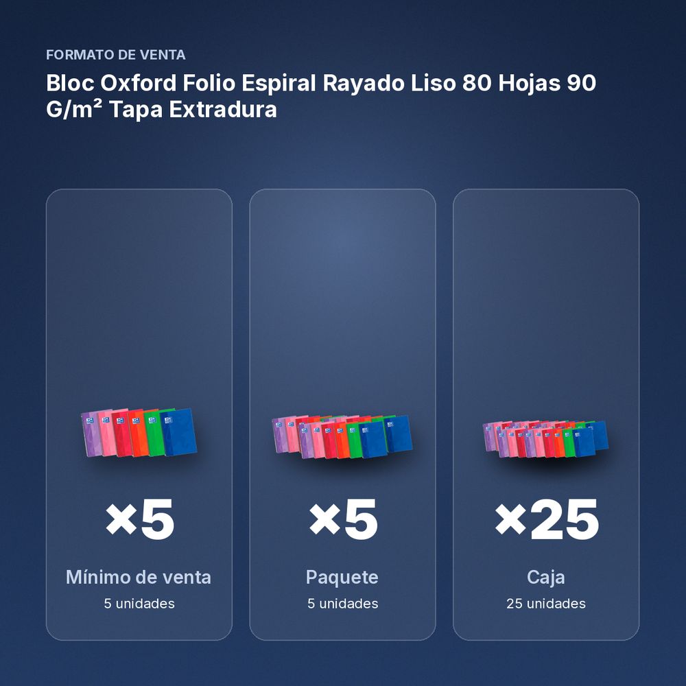 BLOC OXFORD FOLIO ESPIRAL RAYADO LISO 80 HOJAS 90 G/M² TAPA EXTRADURA - formato de venta: paquete de 5, caja de 25, palé de 750