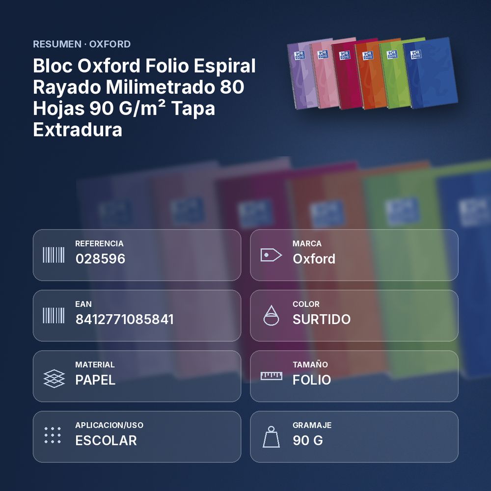 BLOC OXFORD FOLIO ESPIRAL RAYADO MILIMETRADO 80 HOJAS 90 G/M² TAPA EXTRADURA - resumen de atributos