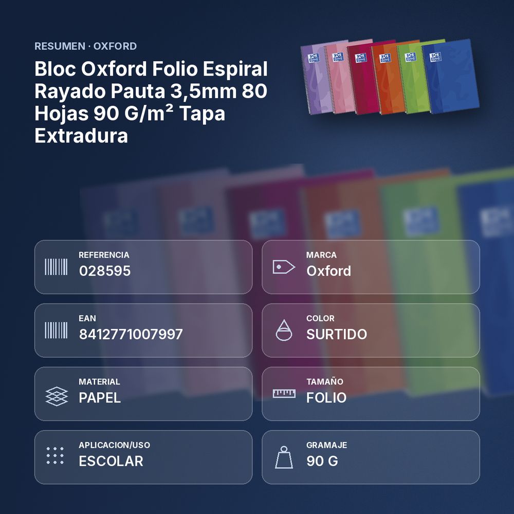 BLOC OXFORD FOLIO ESPIRAL RAYADO PAUTA 3,5MM 80 HOJAS 90 G/M² TAPA EXTRADURA - resumen de atributos