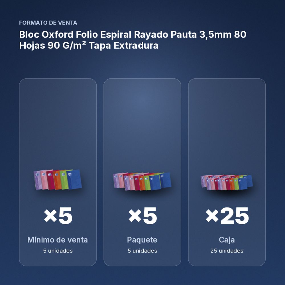 BLOC OXFORD FOLIO ESPIRAL RAYADO PAUTA 3,5MM 80 HOJAS 90 G/M² TAPA EXTRADURA - formato de venta: paquete de 5, caja de 25, palé de 750