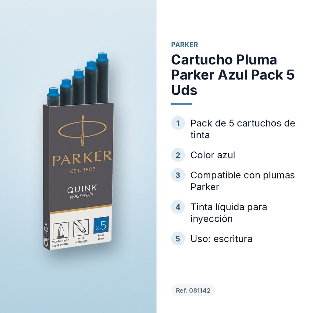 CARTUCHO PLUMA PARKER AZUL PACK 5 UDS  - características principales