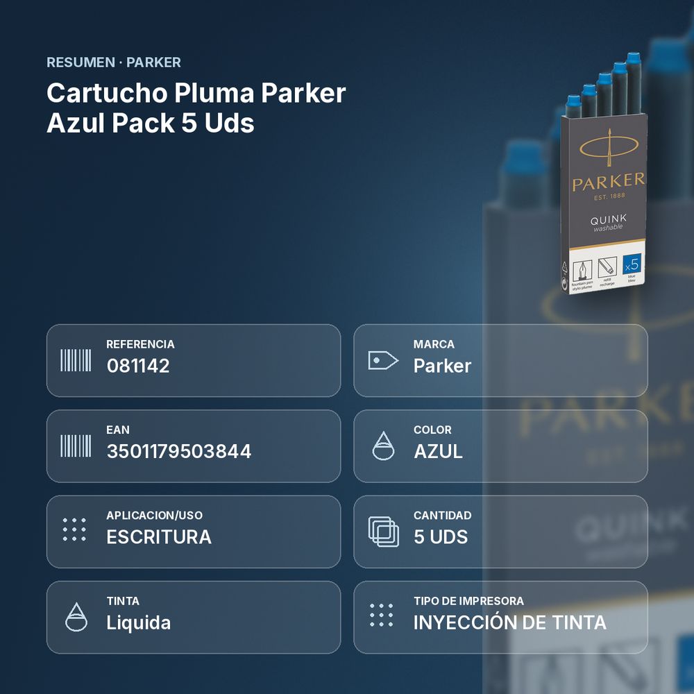 CARTUCHO PLUMA PARKER AZUL PACK 5 UDS  - resumen de atributos