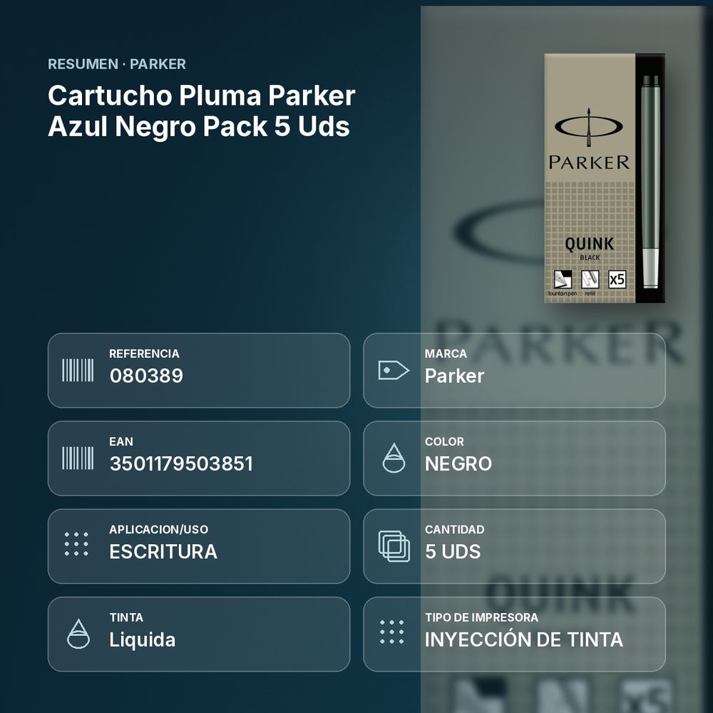 CARTUCHO PLUMA PARKER AZUL NEGRO PACK 5 UDS - resumen de atributos