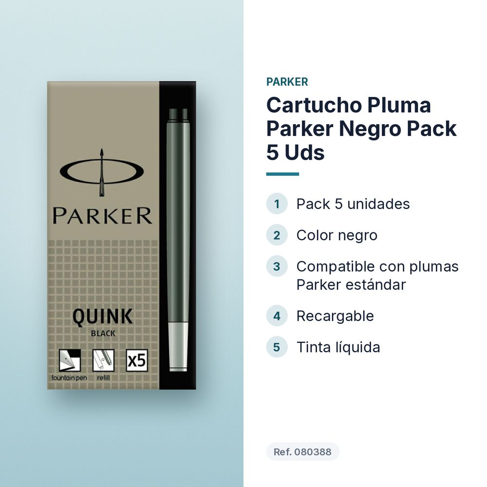 CARTUCHO PLUMA PARKER NEGRO PACK 5 UDS  - características principales