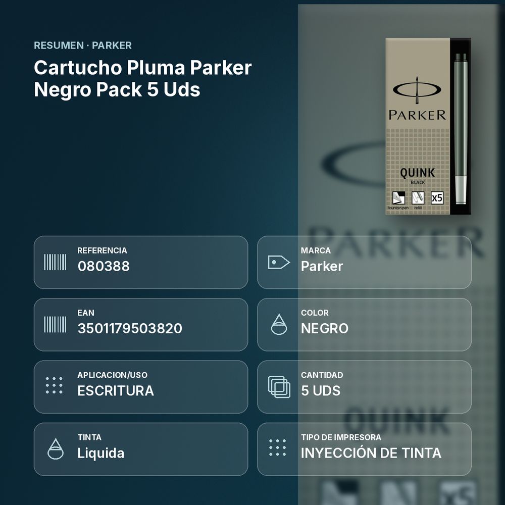 CARTUCHO PLUMA PARKER NEGRO PACK 5 UDS  - resumen de atributos