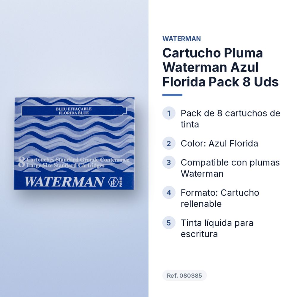 CARTUCHO PLUMA WATERMAN AZUL FLORIDA PACK 8 UDS  - características principales