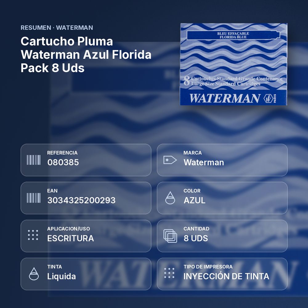 CARTUCHO PLUMA WATERMAN AZUL FLORIDA PACK 8 UDS  - resumen de atributos