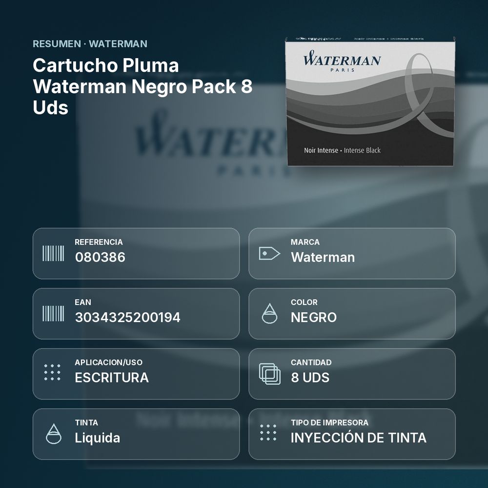 CARTUCHO PLUMA WATERMAN NEGRO PACK 8 UDS  - resumen de atributos