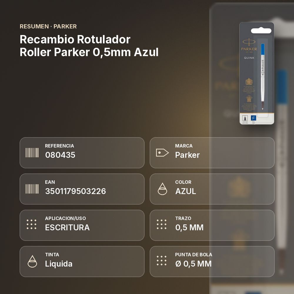 RECAMBIO  ROTULADOR ROLLER PARKER 0,5MM AZUL - resumen de atributos