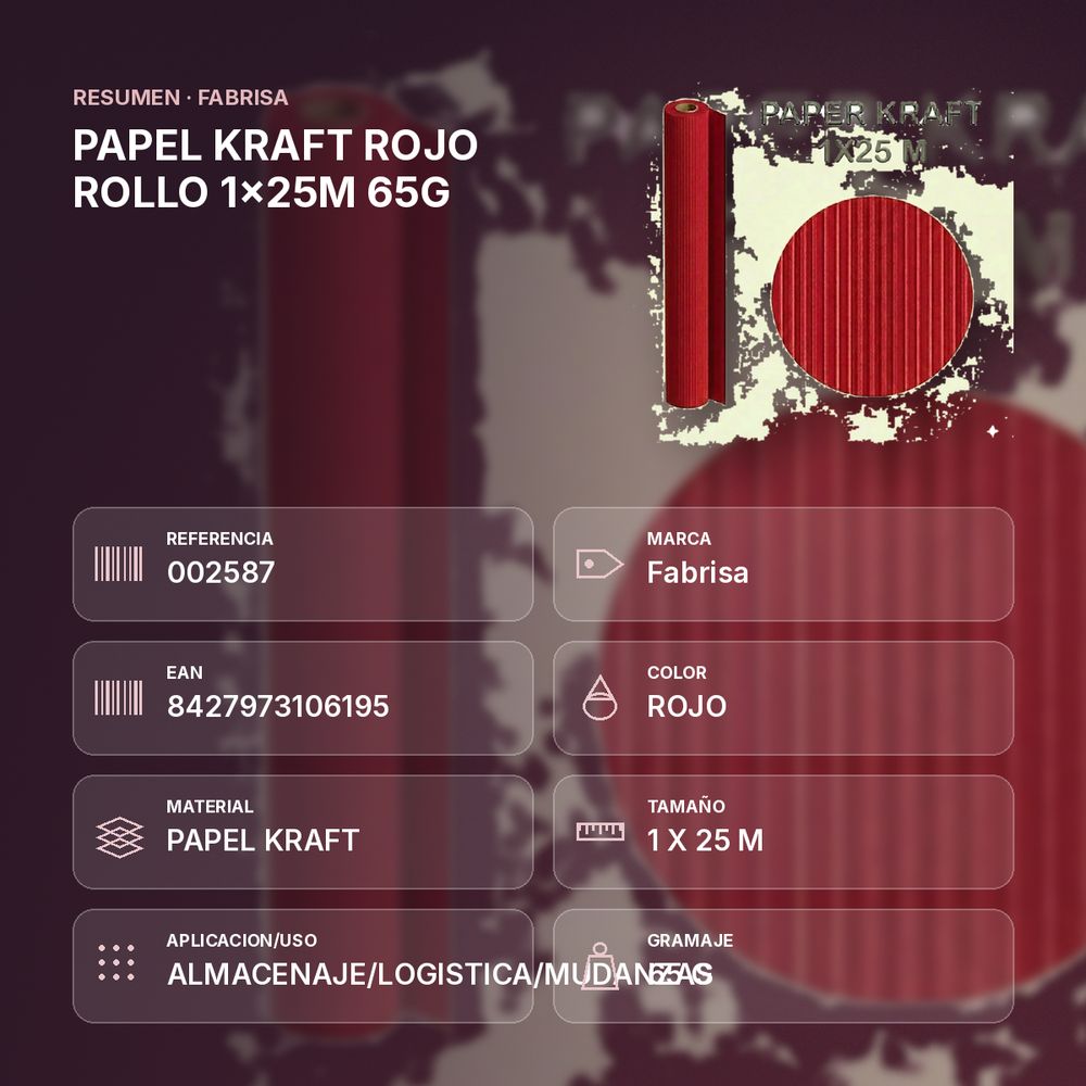 PAPEL KRAFT ROJO ROLLO 1x25M 65G - resumen de atributos