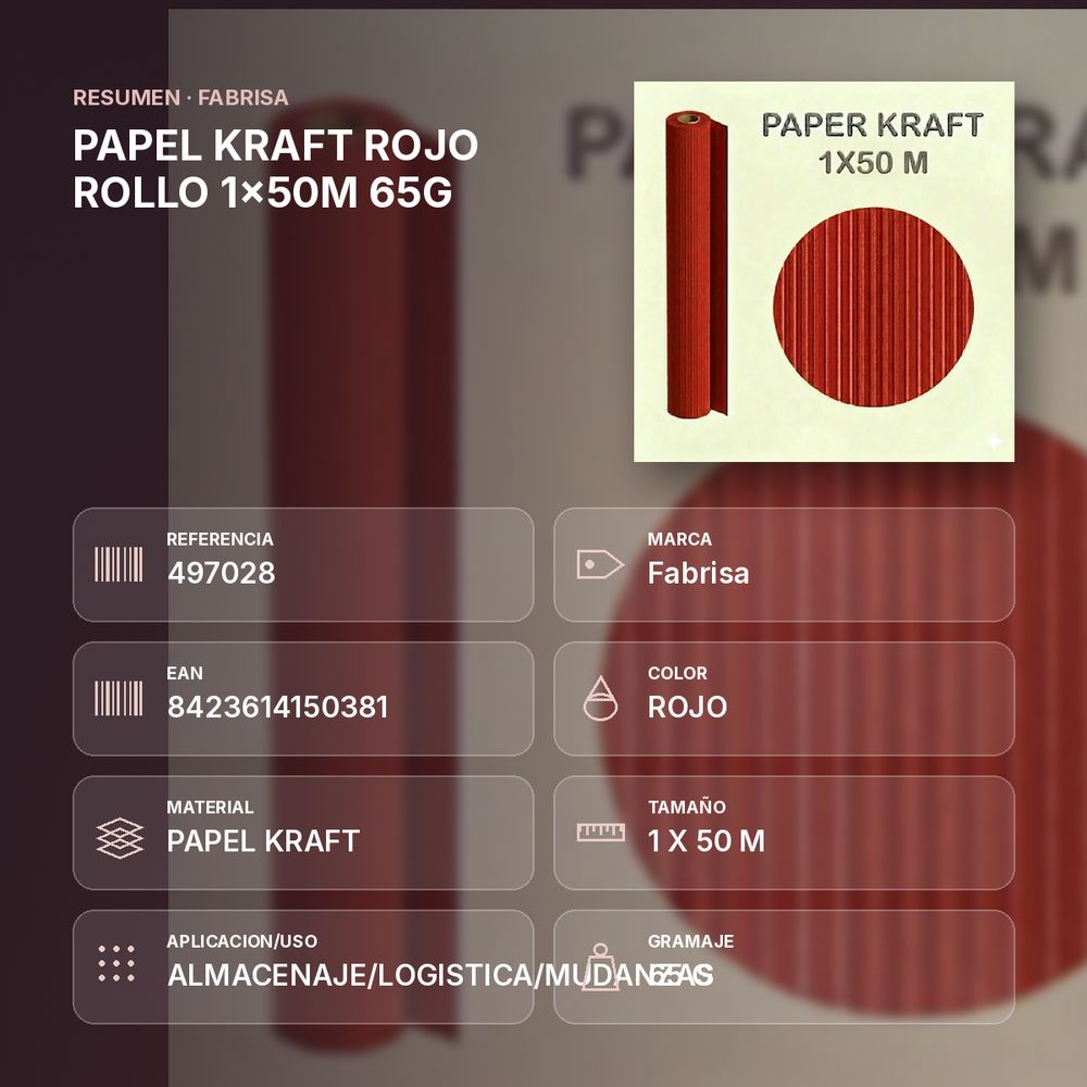 PAPEL KRAFT ROJO ROLLO 1x50M 65G - resumen de atributos