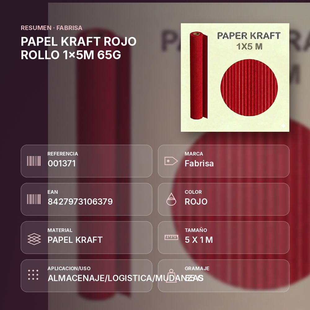 PAPEL KRAFT ROJO ROLLO 1x5M 65G - resumen de atributos